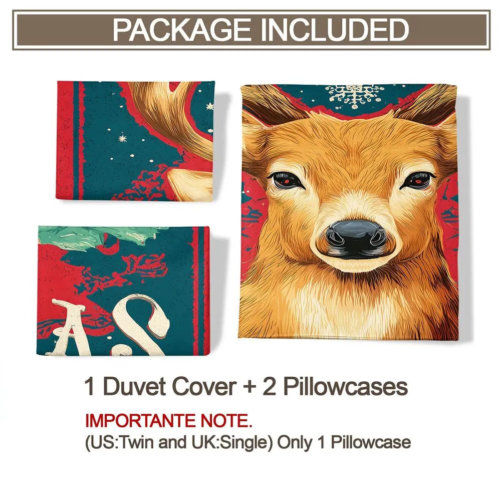 Christmas Vintage Reindeer Merry Christmas Red Teal Christmas Gift Duvet Cover Set Kids Bedding Set