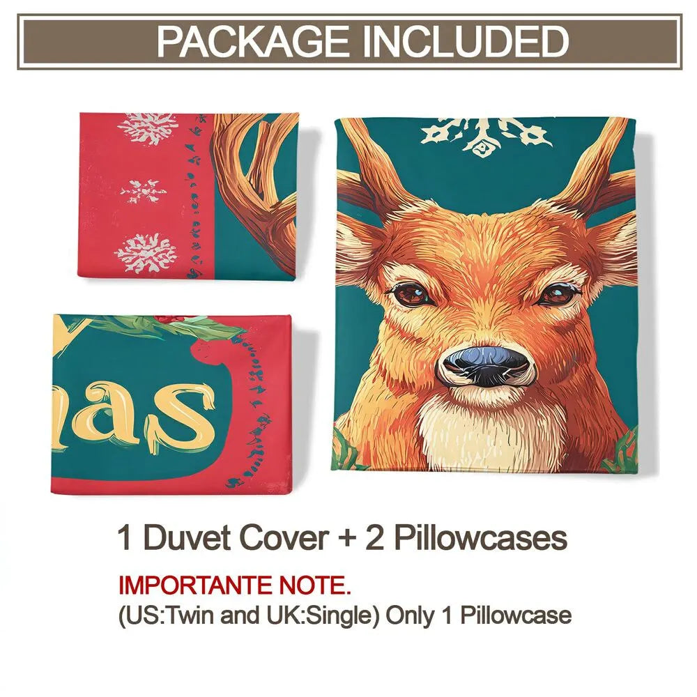 Christmas Vintage Reindeer Merry Christmas Red Teal Christmas Gift Duvet Cover Set Kids Bedding Set