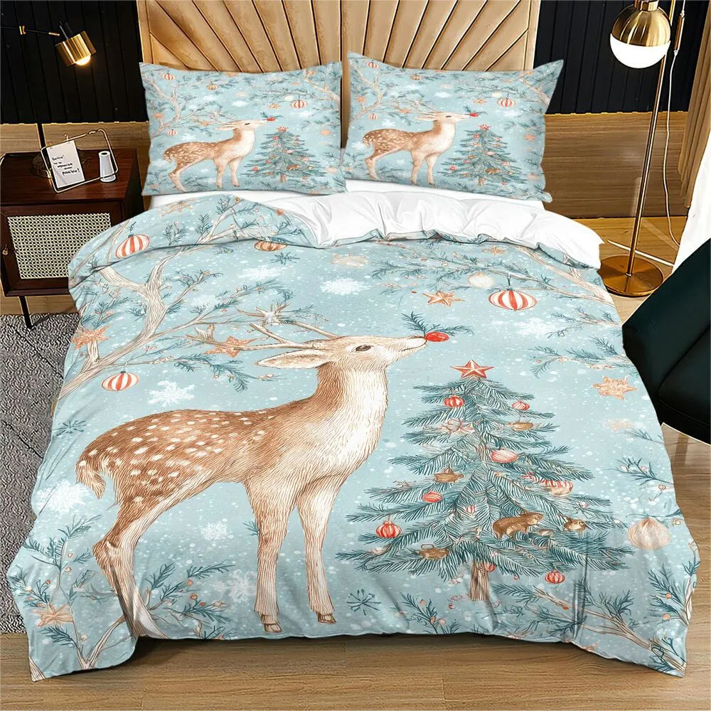 Christmas Vintage Reindeer Tree Mint Blue Christmas Gift Duvet Cover Set Kids Bedding Set