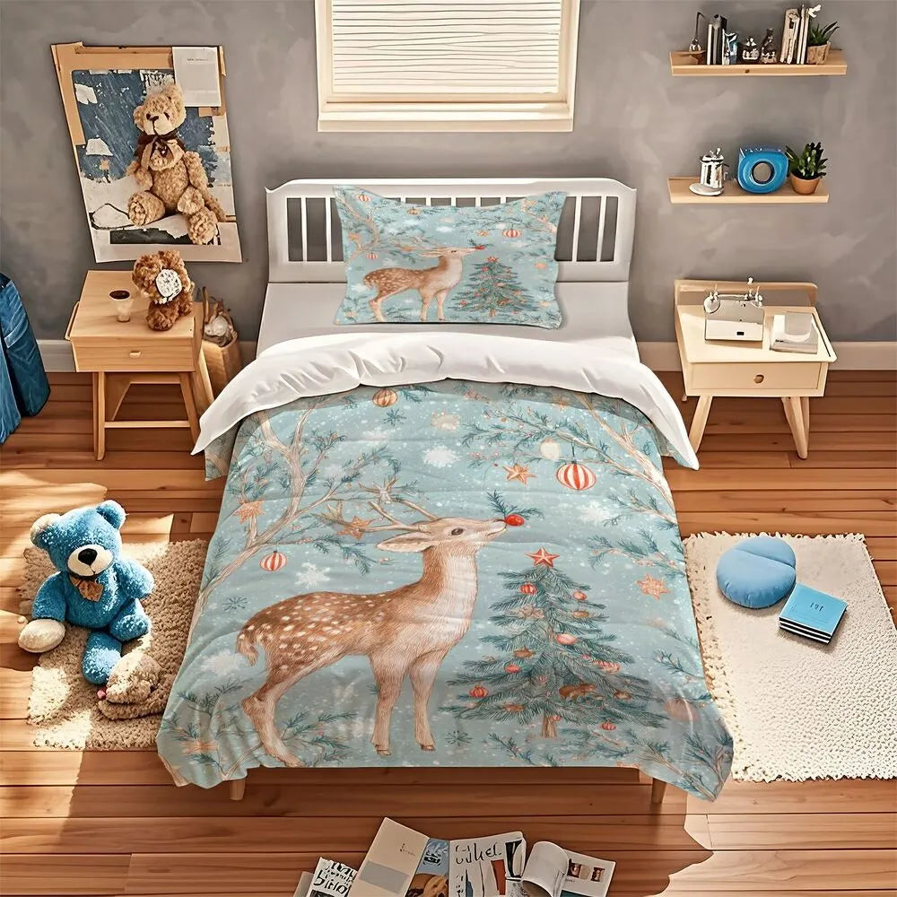 Christmas Vintage Reindeer Tree Mint Blue Christmas Gift Duvet Cover Set Kids Bedding Set