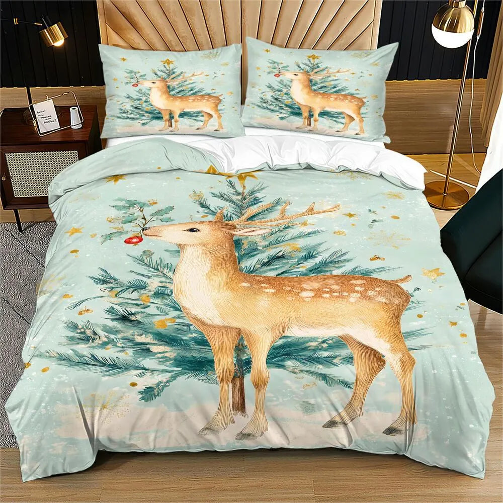 Christmas Vintage Reindeer Tree Mint Blue Christmas Gift Duvet Cover Set Kids Bedding Set