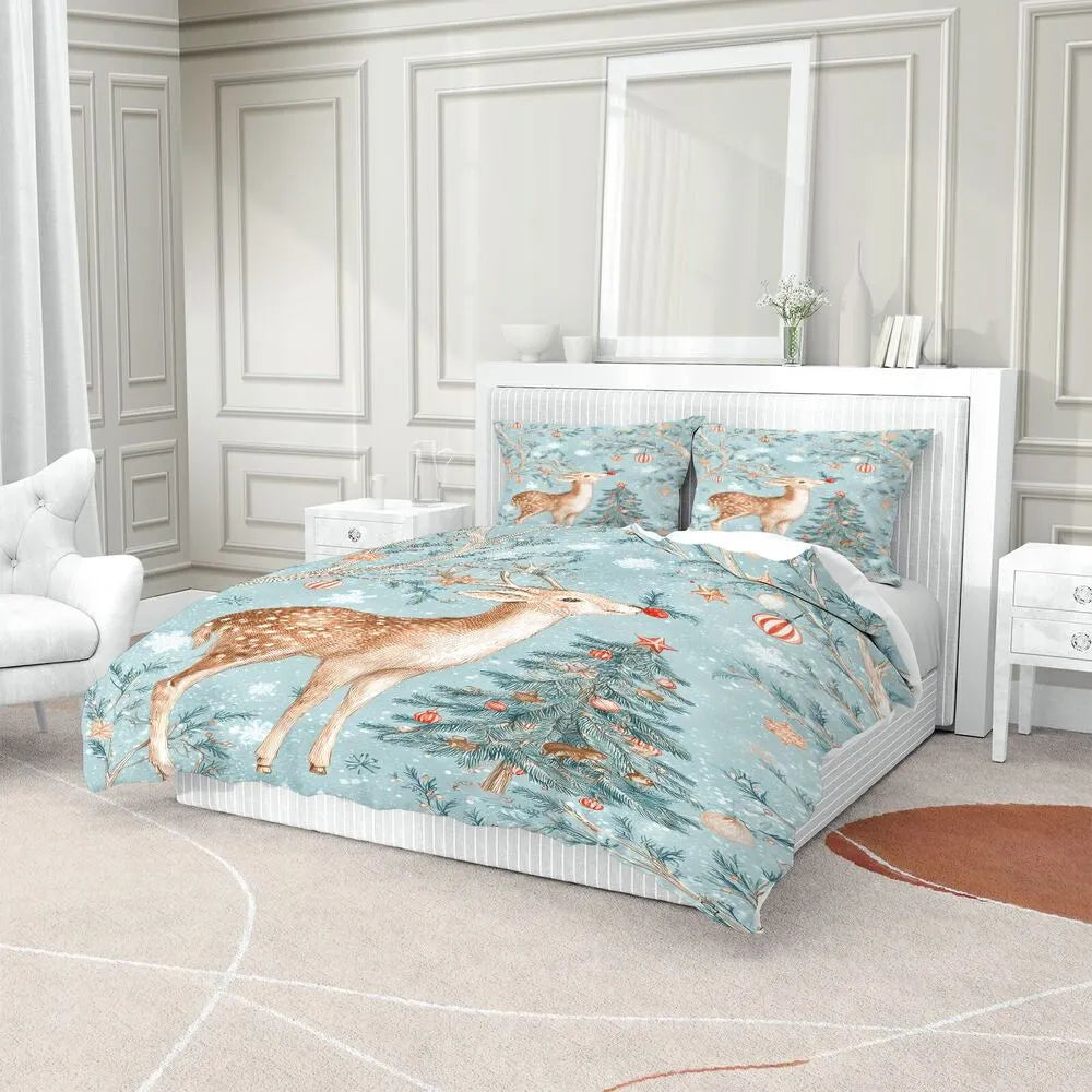 Christmas Vintage Reindeer Tree Mint Blue Christmas Gift Duvet Cover Set Kids Bedding Set