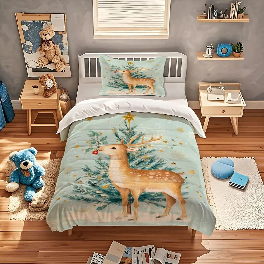 Christmas Vintage Reindeer Tree Mint Blue Christmas Gift Duvet Cover Set Kids Bedding Set
