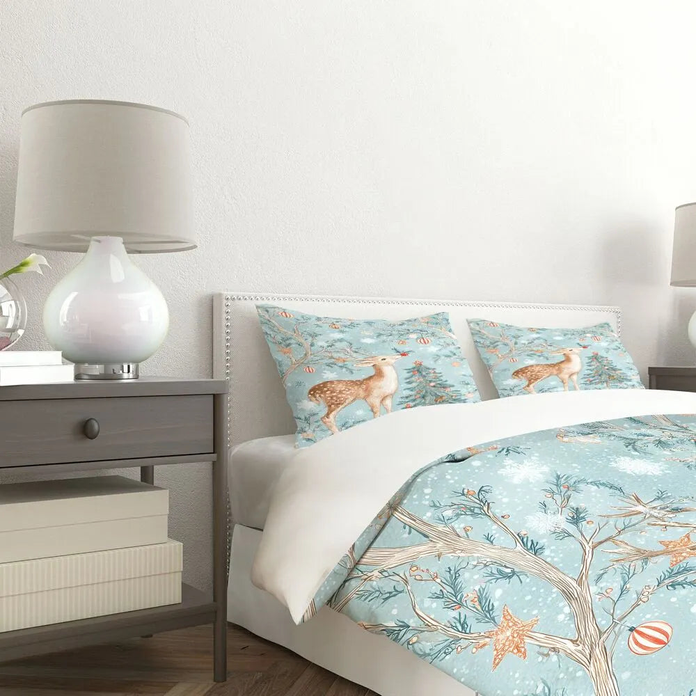 Christmas Vintage Reindeer Tree Mint Blue Christmas Gift Duvet Cover Set Kids Bedding Set
