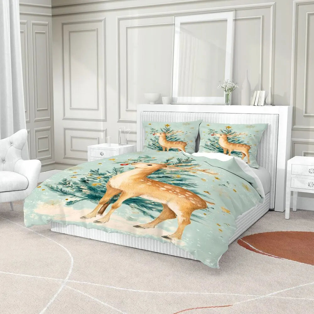 Christmas Vintage Reindeer Tree Mint Blue Christmas Gift Duvet Cover Set Kids Bedding Set