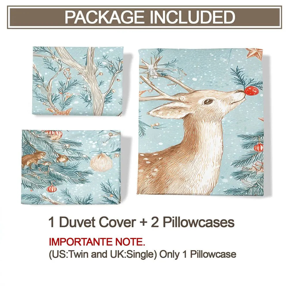 Christmas Vintage Reindeer Tree Mint Blue Christmas Gift Duvet Cover Set Kids Bedding Set