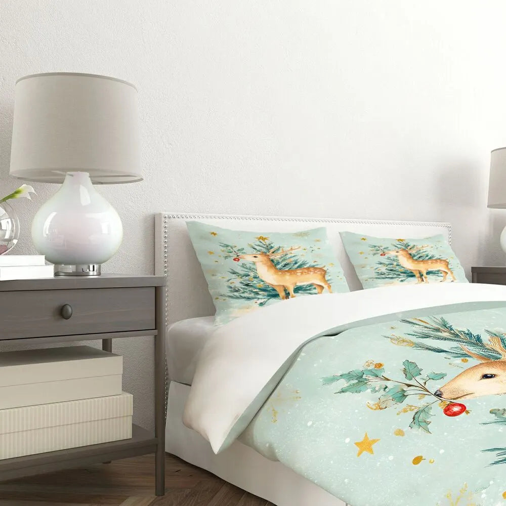 Christmas Vintage Reindeer Tree Mint Blue Christmas Gift Duvet Cover Set Kids Bedding Set