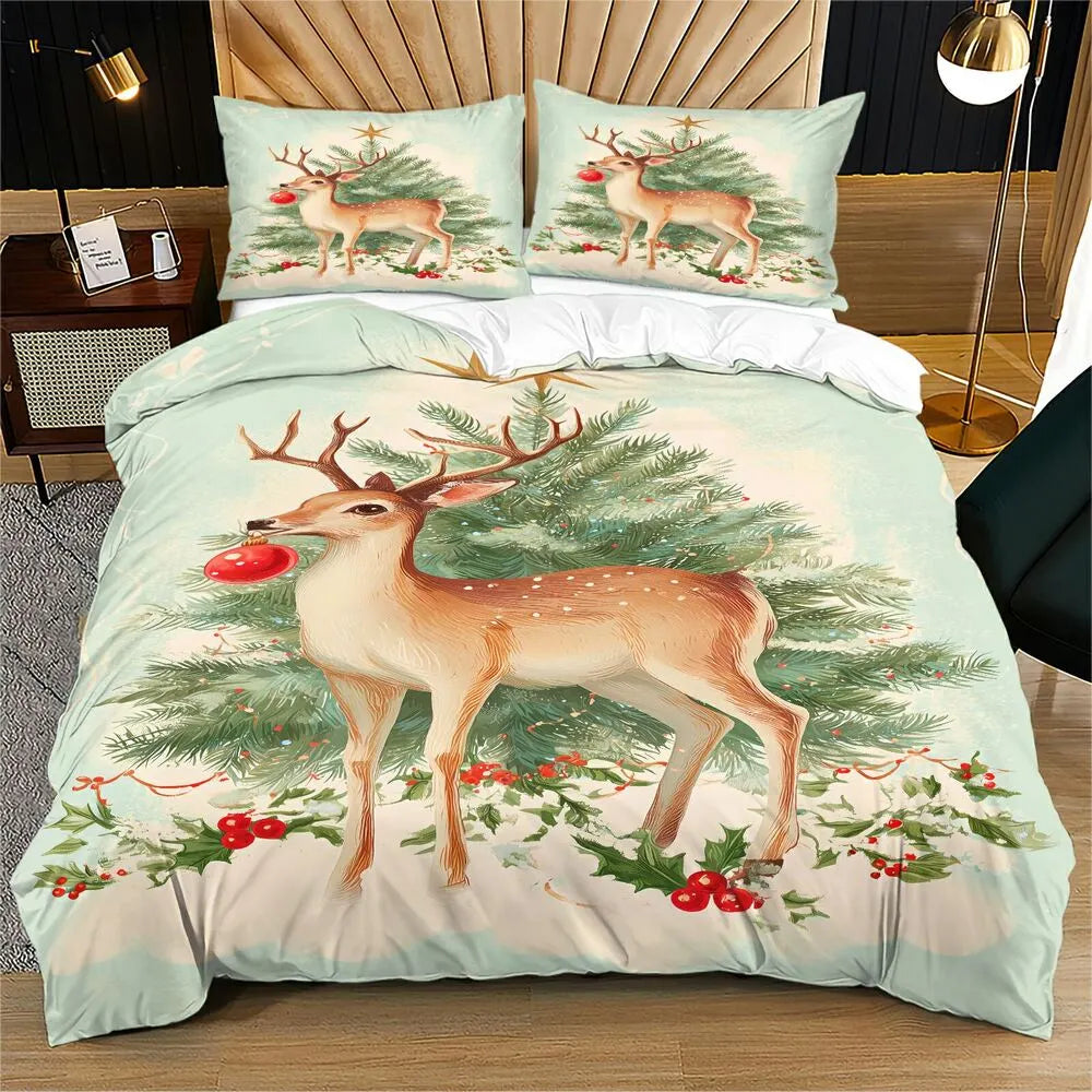 Christmas Vintage Reindeer Tree Mint Green Christmas Gift Duvet Cover Set Kids Bedding Set