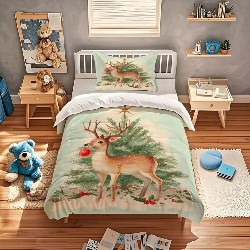 Christmas Vintage Reindeer Tree Mint Green Christmas Gift Duvet Cover Set Kids Bedding Set