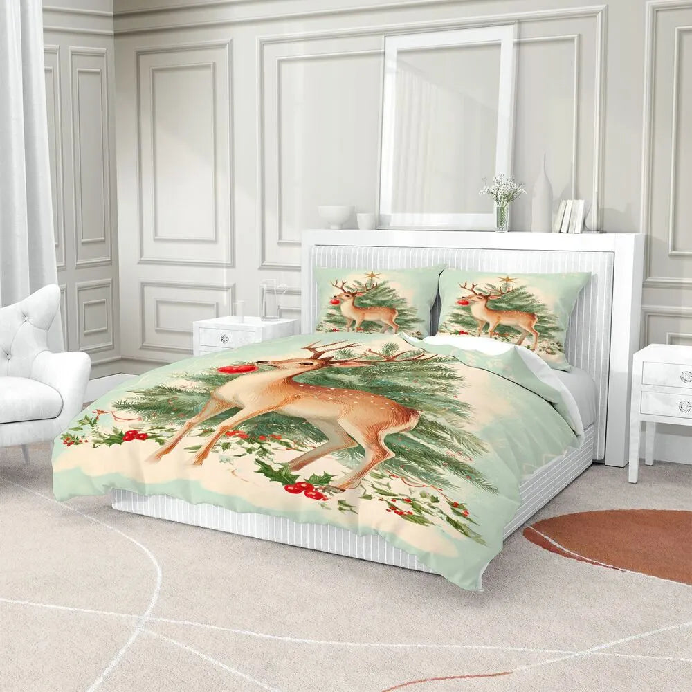 Christmas Vintage Reindeer Tree Mint Green Christmas Gift Duvet Cover Set Kids Bedding Set