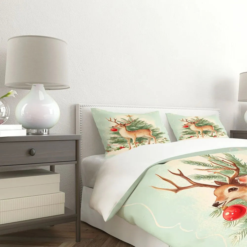 Christmas Vintage Reindeer Tree Mint Green Christmas Gift Duvet Cover Set Kids Bedding Set