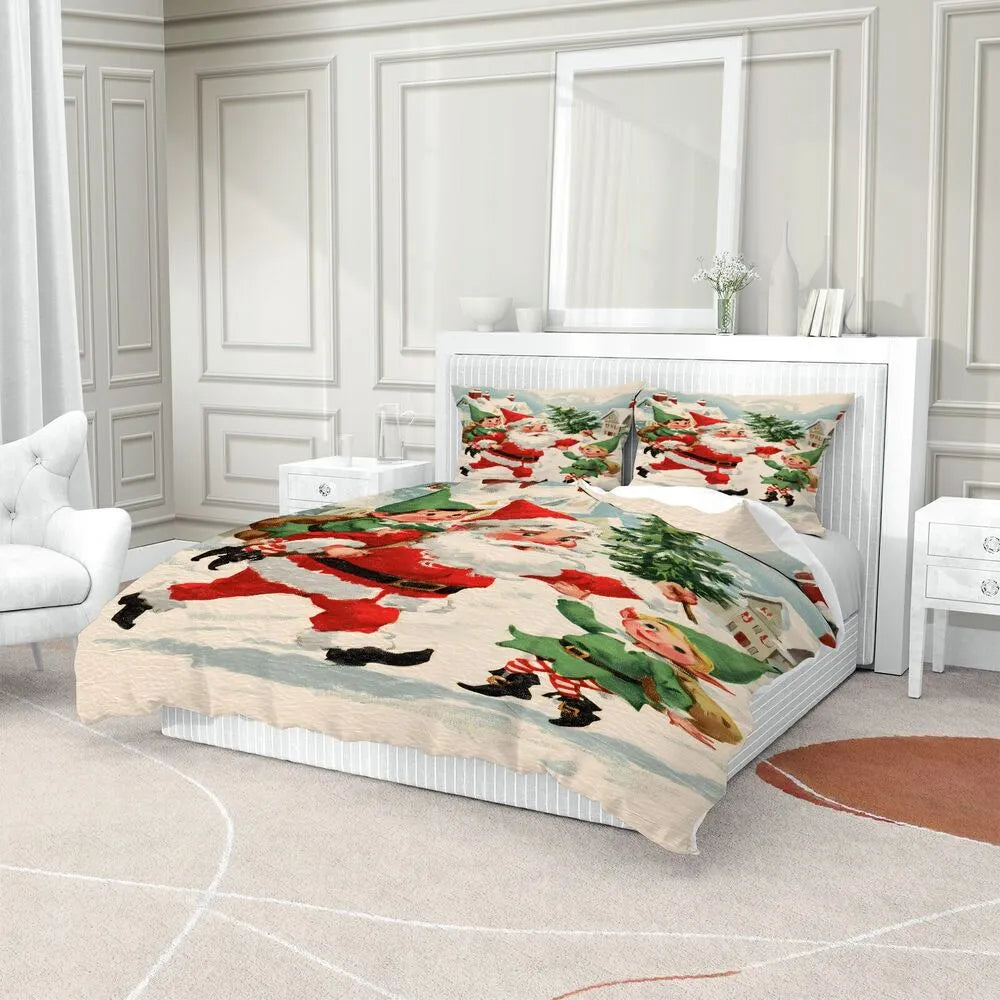 Christmas Vintage Santa And Elves Snowy Scene Beige Christmas Gift Duvet Cover Set Kids Bedding Set