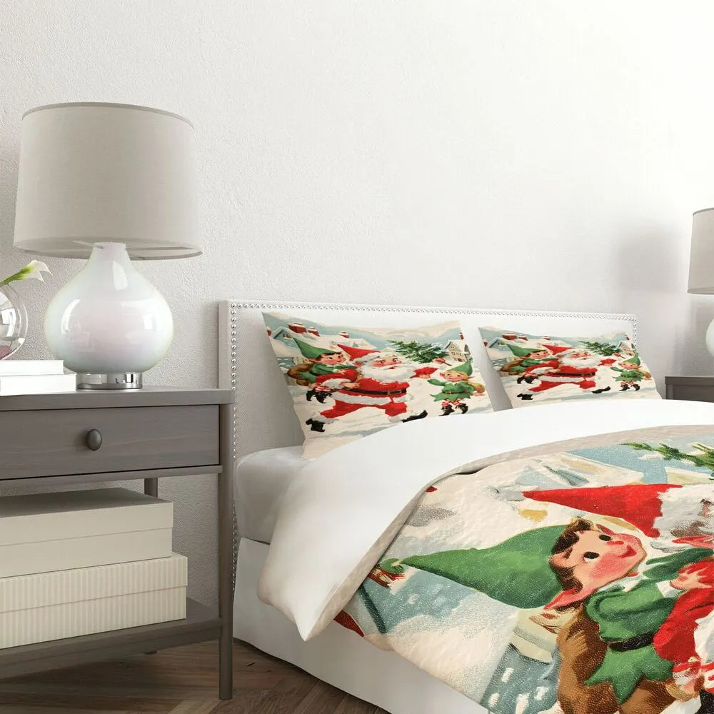 Christmas Vintage Santa And Elves Snowy Scene Beige Christmas Gift Duvet Cover Set Kids Bedding Set