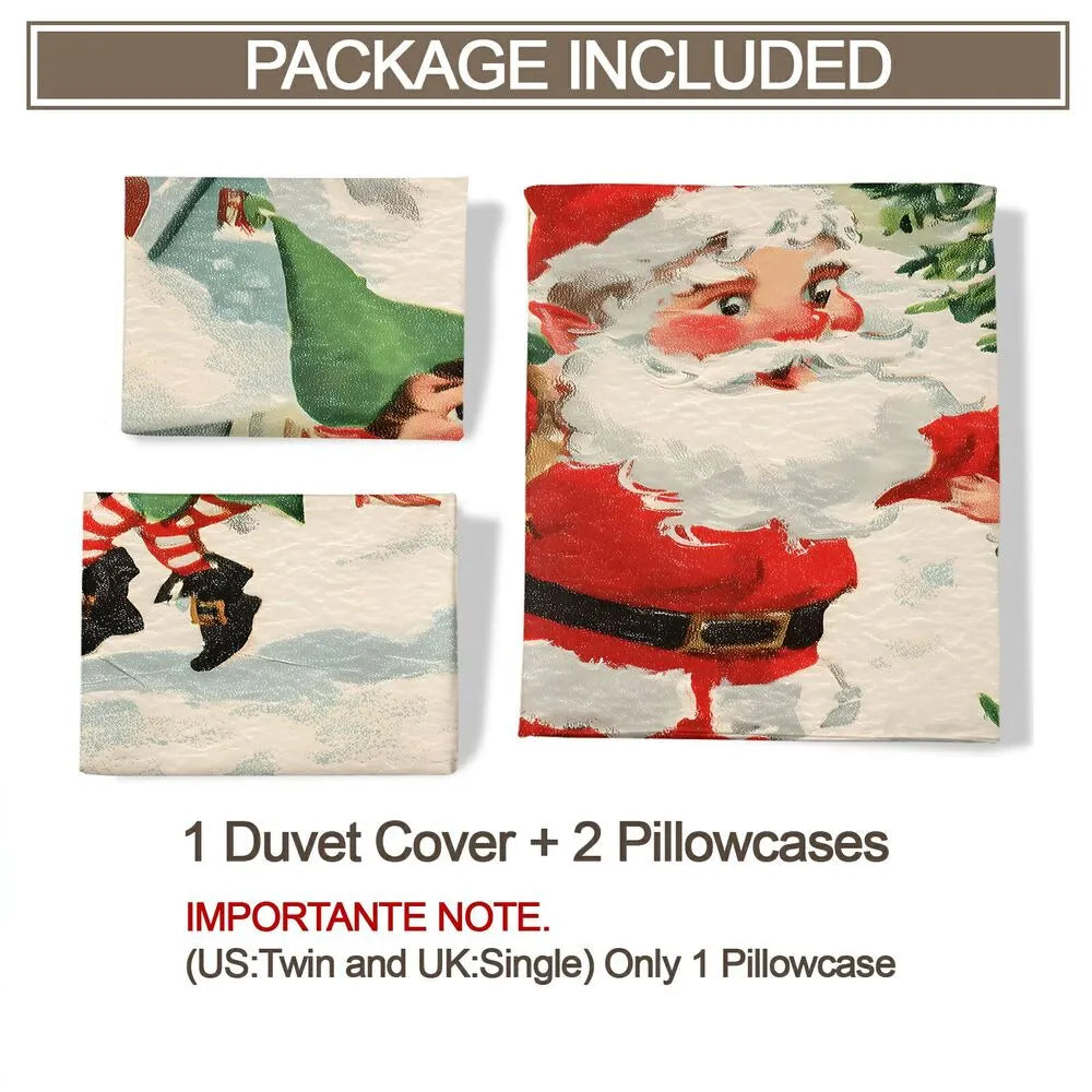 Christmas Vintage Santa And Elves Snowy Scene Beige Christmas Gift Duvet Cover Set Kids Bedding Set