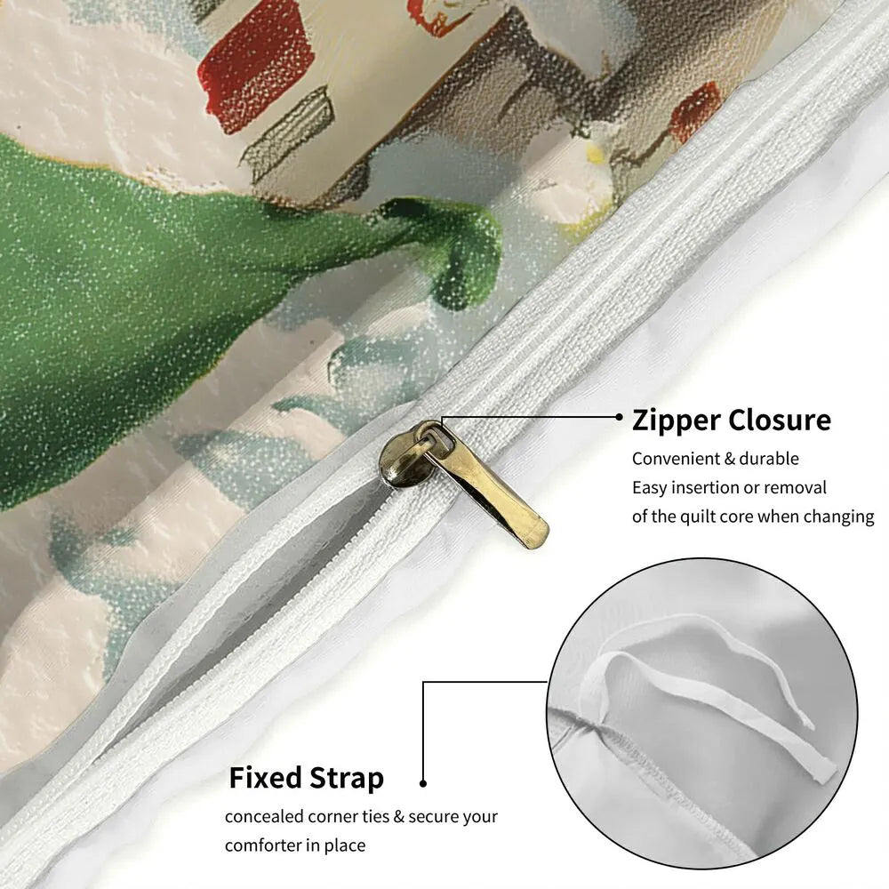 Christmas Vintage Santa And Elves Snowy Scene Beige Christmas Gift Duvet Cover Set Kids Bedding Set