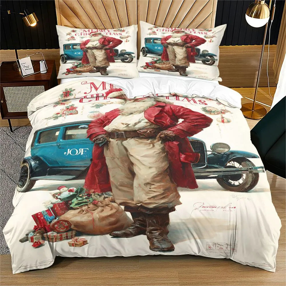 Christmas Vintage Santa Blue Car Beige Christmas Gift Duvet Cover Set Kids Bedding Set