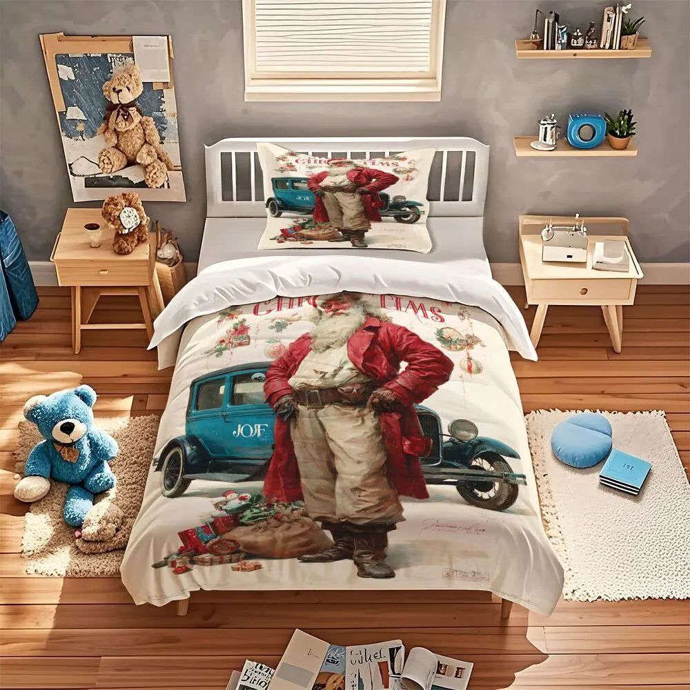 Christmas Vintage Santa Blue Car Beige Christmas Gift Duvet Cover Set Kids Bedding Set