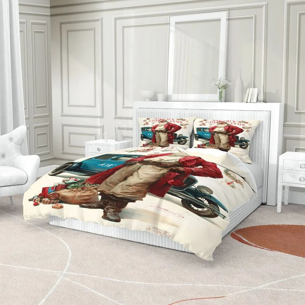 Christmas Vintage Santa Blue Car Beige Christmas Gift Duvet Cover Set Kids Bedding Set