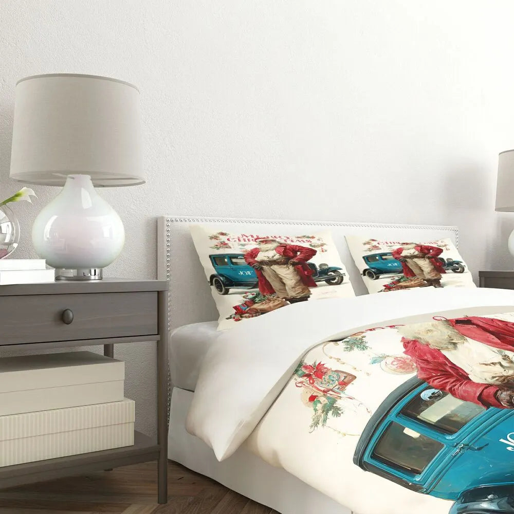 Christmas Vintage Santa Blue Car Beige Christmas Gift Duvet Cover Set Kids Bedding Set