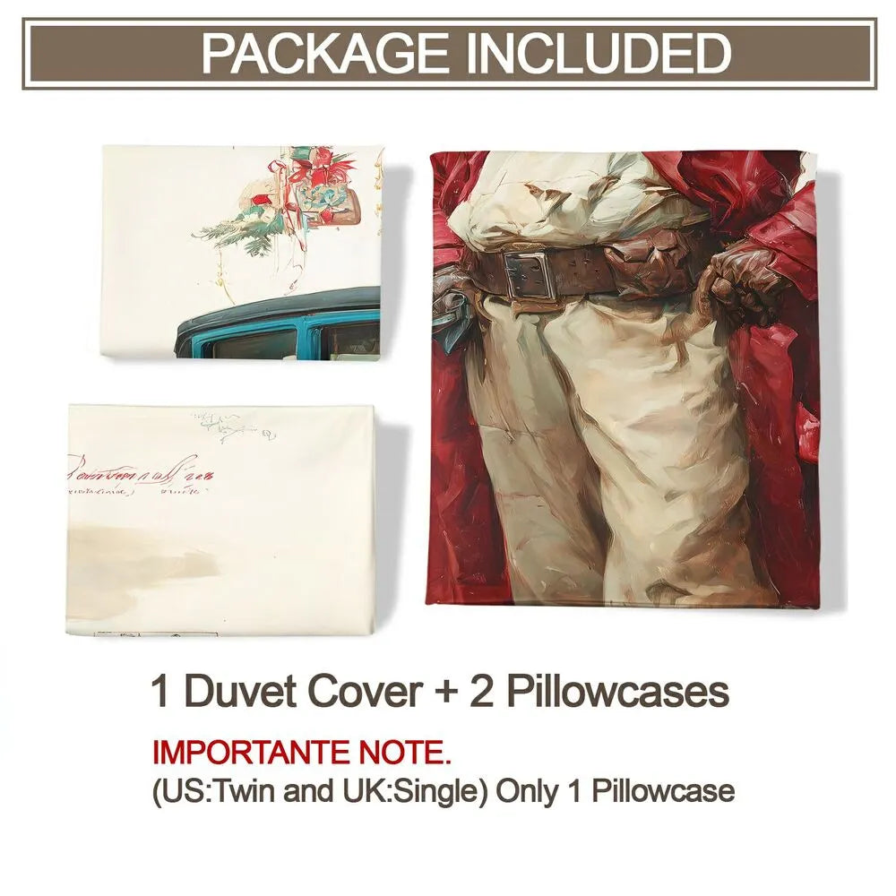 Christmas Vintage Santa Blue Car Beige Christmas Gift Duvet Cover Set Kids Bedding Set