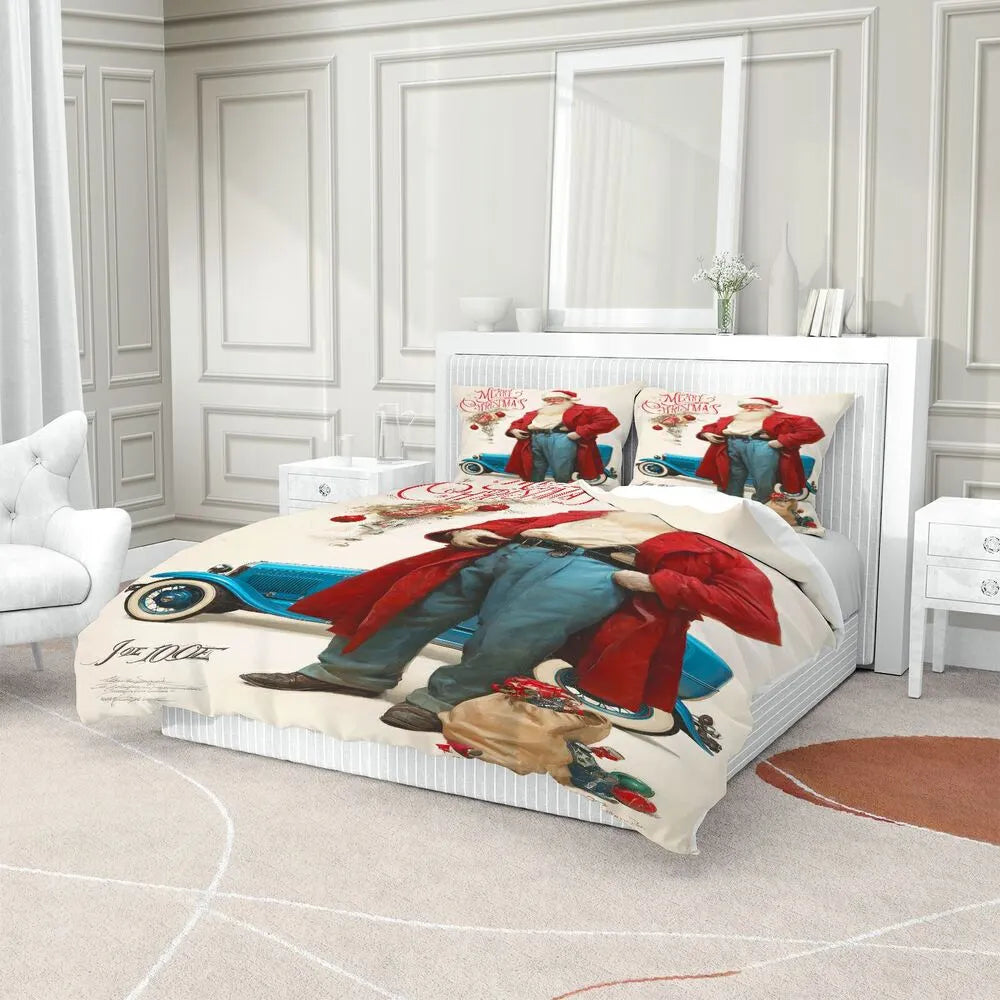 Christmas Vintage Santa Blue Car Merry Christmas Gift Duvet Cover Set Kids Bedding Set