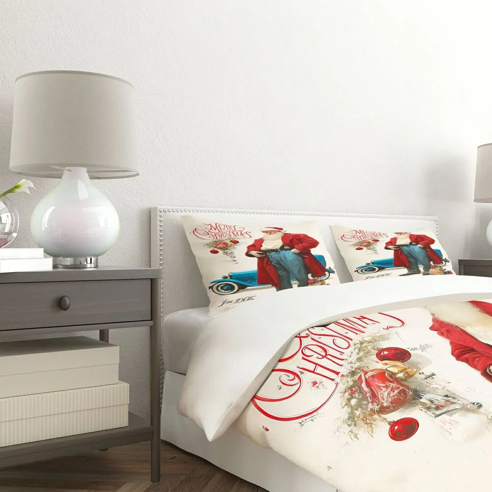 Christmas Vintage Santa Blue Car Merry Christmas Gift Duvet Cover Set Kids Bedding Set