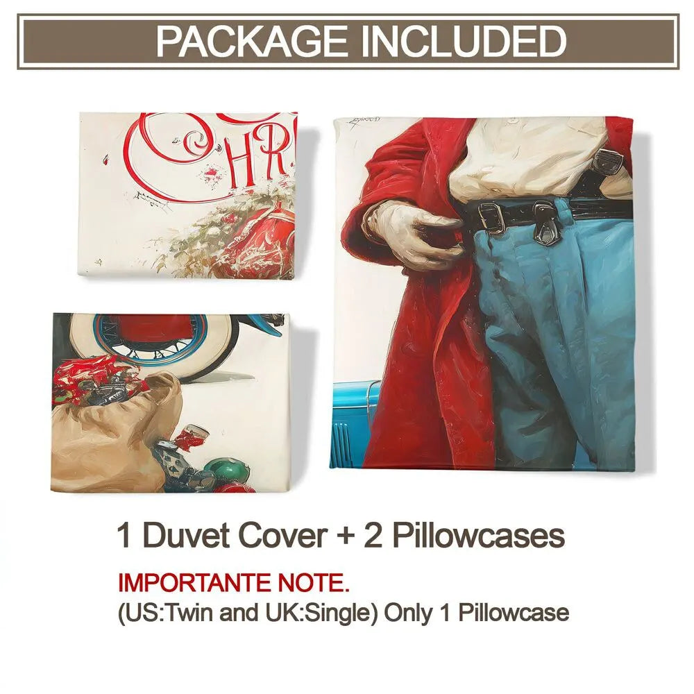 Christmas Vintage Santa Blue Car Merry Christmas Gift Duvet Cover Set Kids Bedding Set