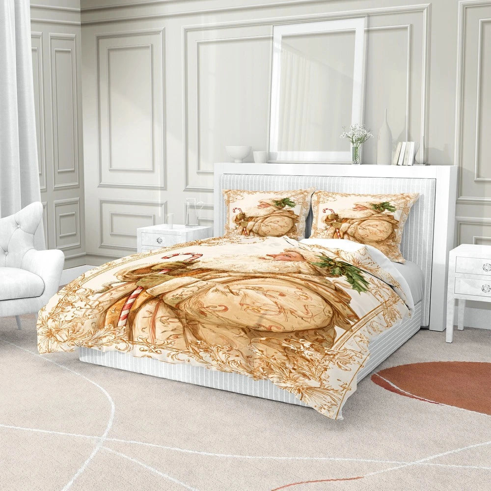 Christmas Vintage Santa Candy Cane Beige Christmas Gift Duvet Cover Set Kids Bedding Set