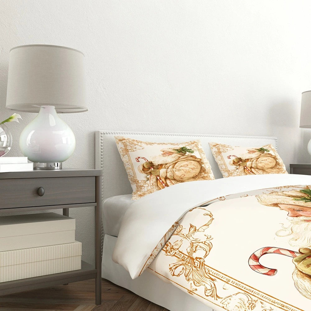 Christmas Vintage Santa Candy Cane Beige Christmas Gift Duvet Cover Set Kids Bedding Set