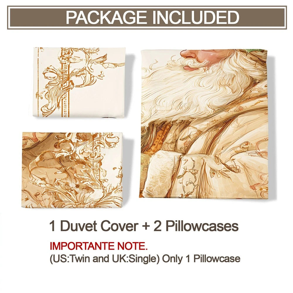 Christmas Vintage Santa Candy Cane Beige Christmas Gift Duvet Cover Set Kids Bedding Set