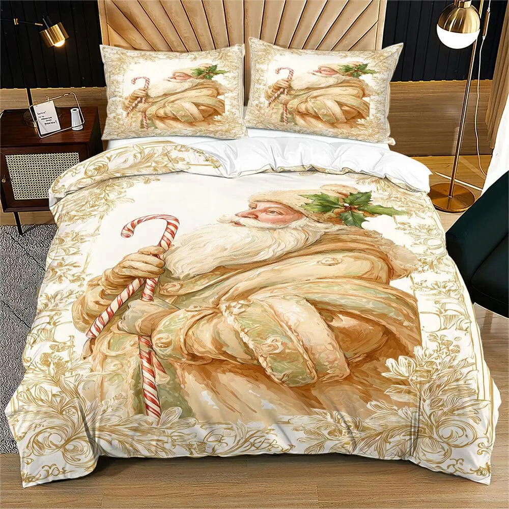 Christmas Vintage Santa Candy Cane Gold Beige Christmas Gift Duvet Cover Set Kids Bedding Set