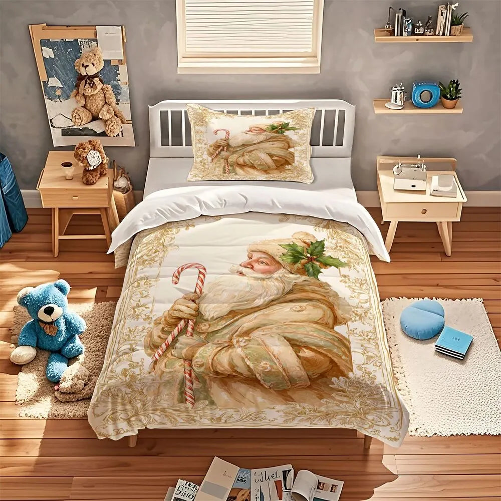 Christmas Vintage Santa Candy Cane Gold Beige Christmas Gift Duvet Cover Set Kids Bedding Set