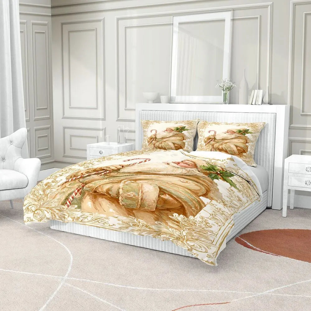 Christmas Vintage Santa Candy Cane Gold Beige Christmas Gift Duvet Cover Set Kids Bedding Set