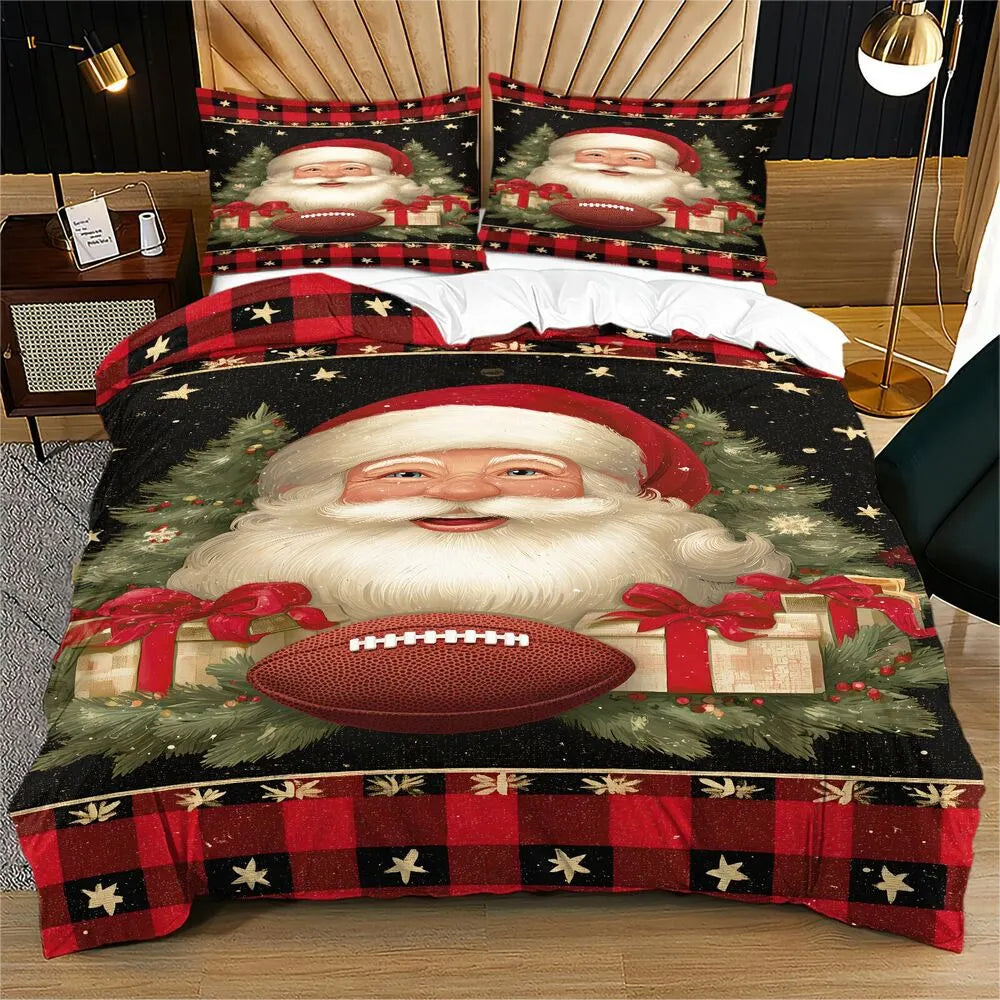 Christmas Vintage Santa Football Plaid Black Red Christmas Gift Duvet Cover Set Kids Bedding Set
