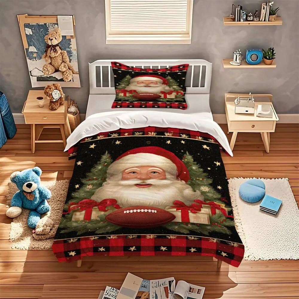 Christmas Vintage Santa Football Plaid Black Red Christmas Gift Duvet Cover Set Kids Bedding Set