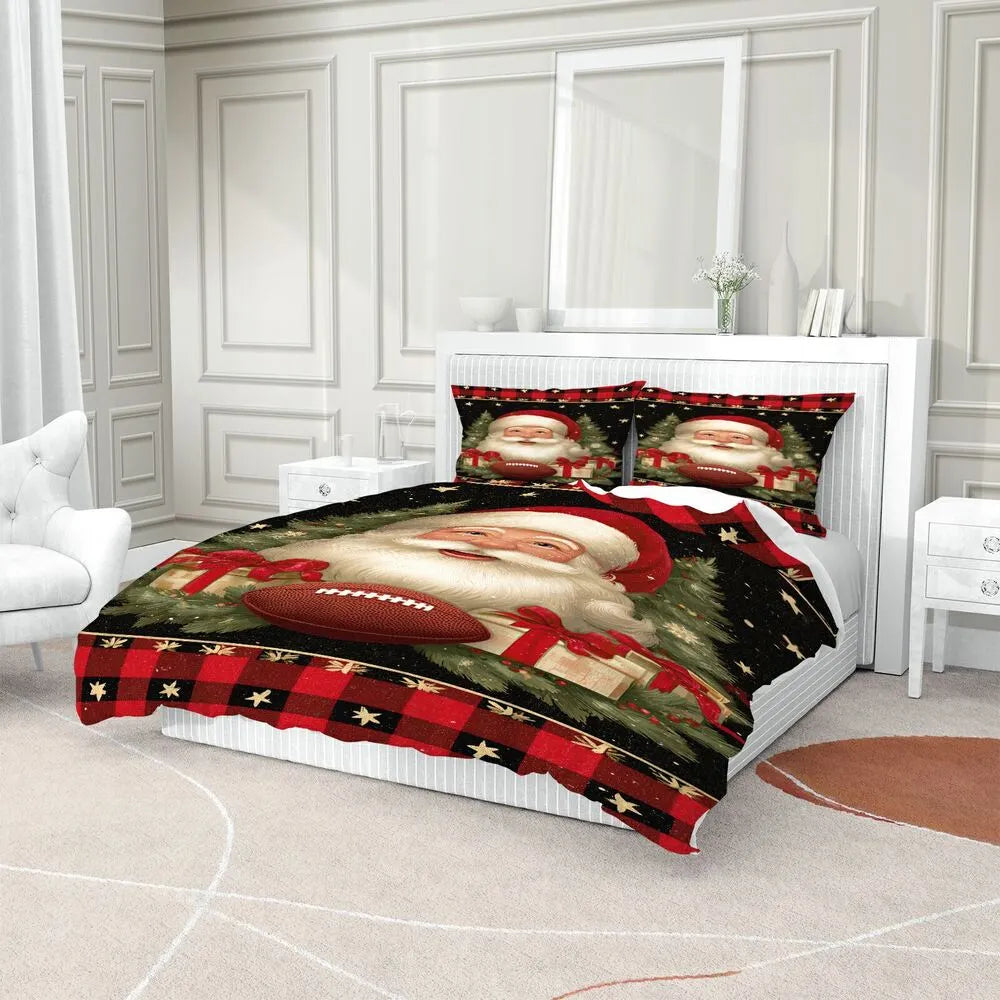 Christmas Vintage Santa Football Plaid Black Red Christmas Gift Duvet Cover Set Kids Bedding Set