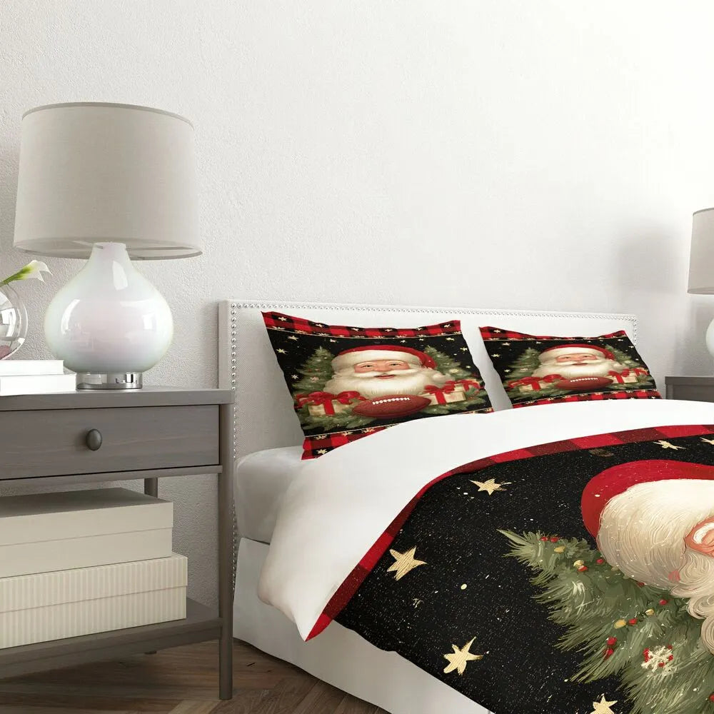 Christmas Vintage Santa Football Plaid Black Red Christmas Gift Duvet Cover Set Kids Bedding Set