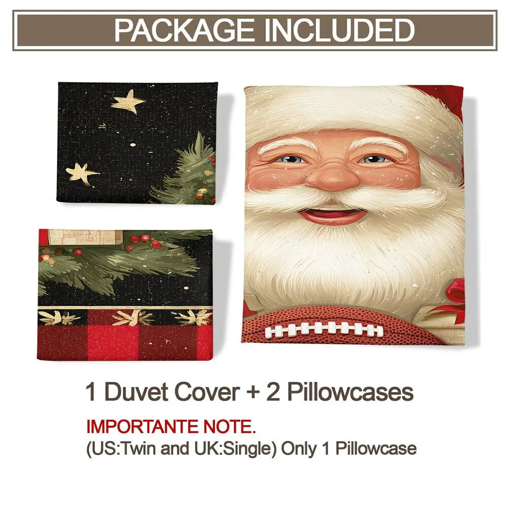 Christmas Vintage Santa Football Plaid Black Red Christmas Gift Duvet Cover Set Kids Bedding Set