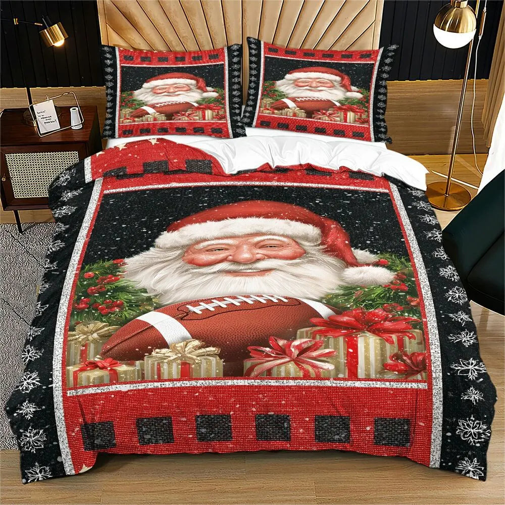 Christmas Vintage Santa Football Snowflake Black Red Christmas Gift Duvet Cover Set Kids Bedding Set