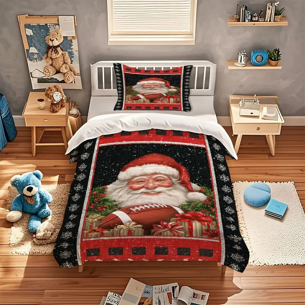 Christmas Vintage Santa Football Snowflake Black Red Christmas Gift Duvet Cover Set Kids Bedding Set