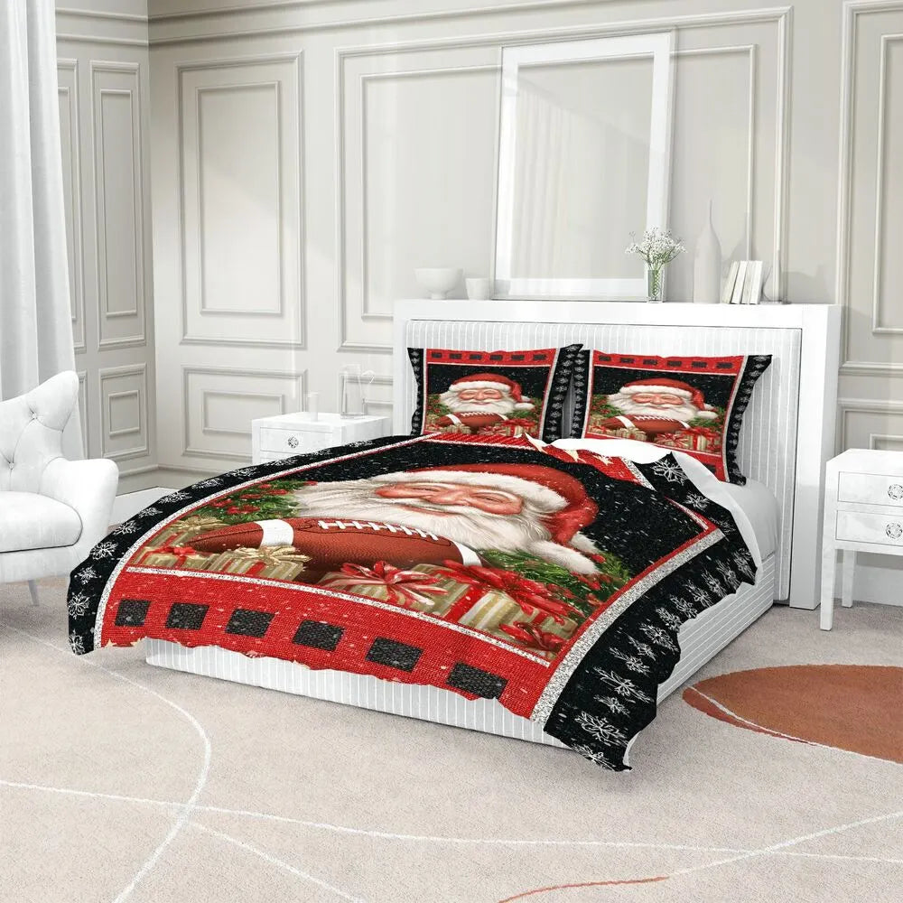 Christmas Vintage Santa Football Snowflake Black Red Christmas Gift Duvet Cover Set Kids Bedding Set