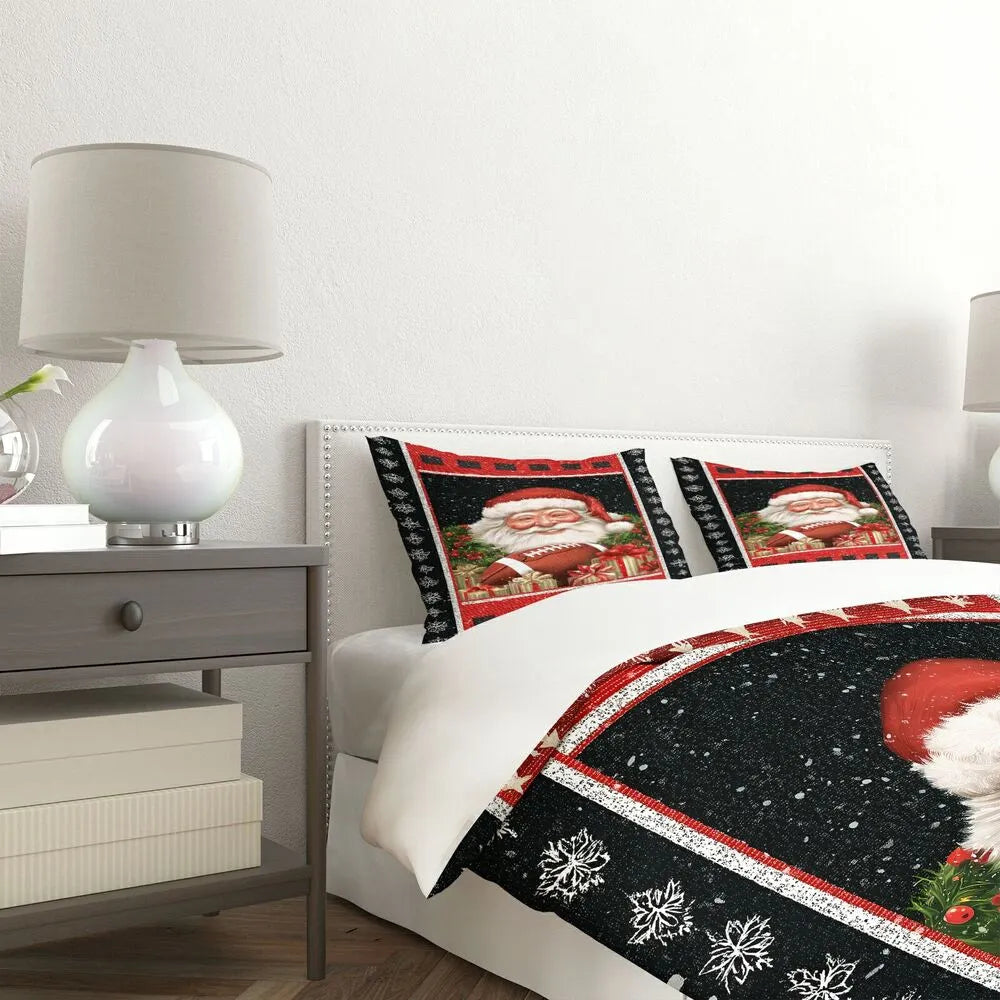 Christmas Vintage Santa Football Snowflake Black Red Christmas Gift Duvet Cover Set Kids Bedding Set