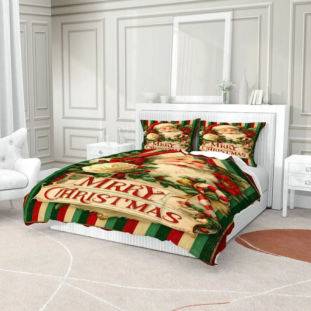 Christmas Vintage Santa Holly Merry Christmas Striped Christmas Gift Duvet Cover Set Kids Bedding Set