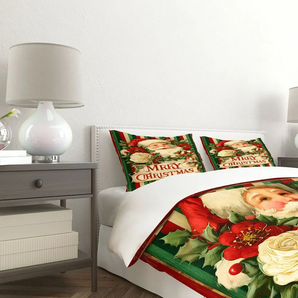 Christmas Vintage Santa Holly Merry Christmas Striped Christmas Gift Duvet Cover Set Kids Bedding Set