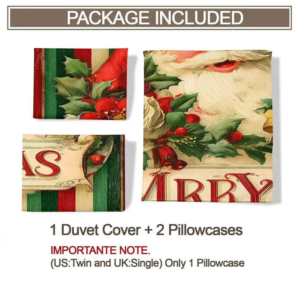 Christmas Vintage Santa Holly Merry Christmas Striped Christmas Gift Duvet Cover Set Kids Bedding Set