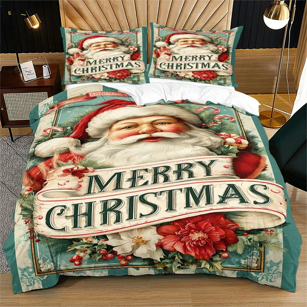 Christmas Vintage Santa Merry Christmas Gift Duvet Cover Set Kids Bedding Set