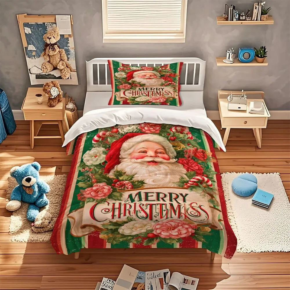 Christmas Vintage Santa Merry Christmas Gift Duvet Cover Set Kids Bedding Set