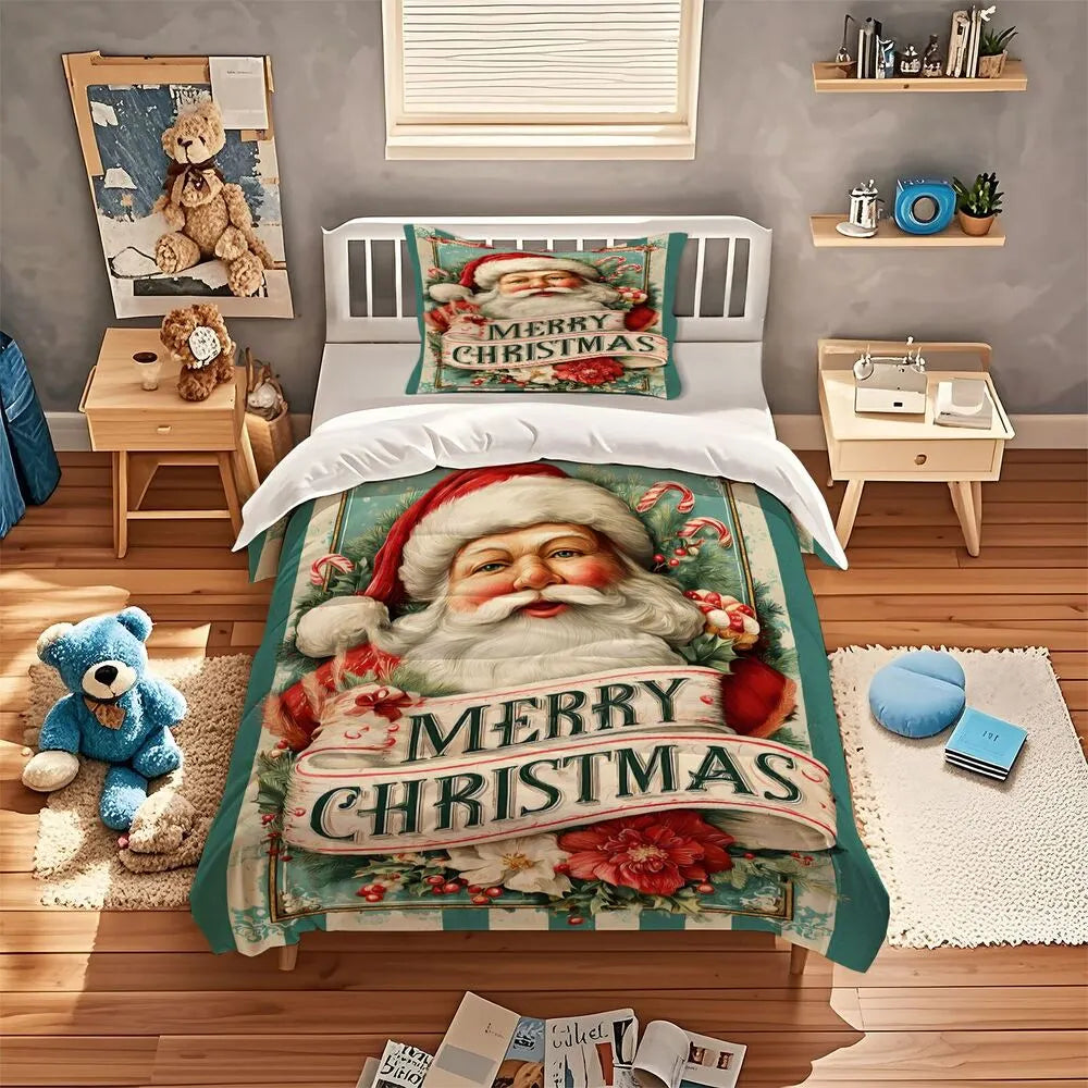 Christmas Vintage Santa Merry Christmas Gift Duvet Cover Set Kids Bedding Set