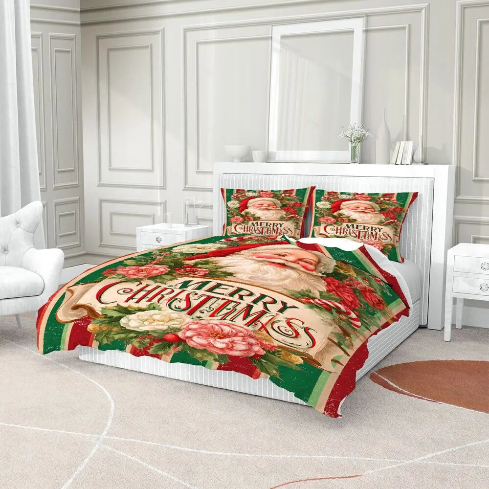 Christmas Vintage Santa Merry Christmas Gift Duvet Cover Set Kids Bedding Set