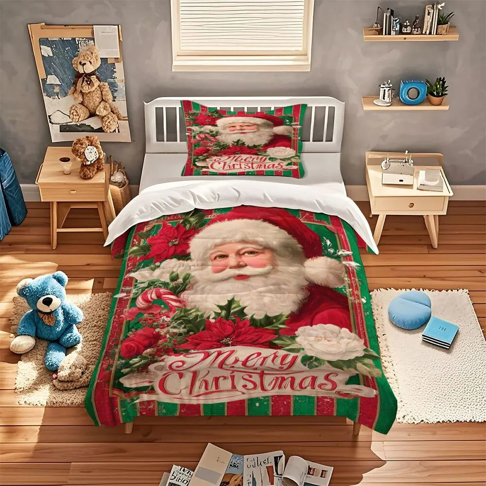 Christmas Vintage Santa Poinsettia Red Green Christmas Gift Duvet Cover Set Kids Bedding Set